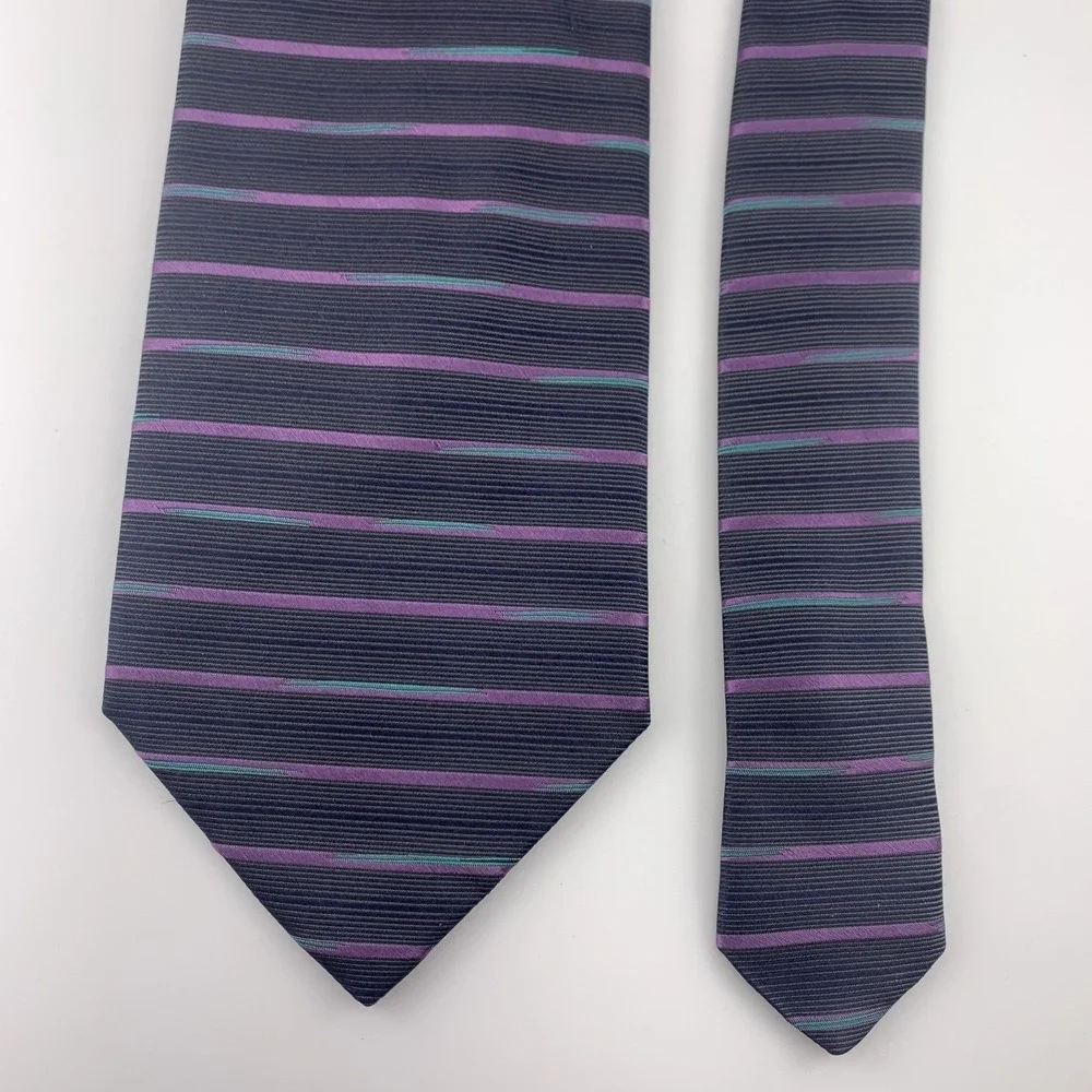 Boxelder Milwaukee Mens Tie‎ Gray Purple & Teal Striped 100% Silk Repp Necktie
